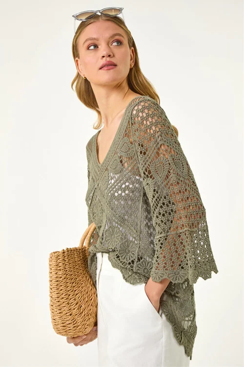 Roman Khaki Crochet Lace V-Neck Open Knit - 10 Image 1