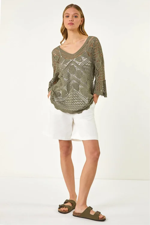 Roman Khaki Crochet Lace V-Neck Open Knit - 10 Image 2