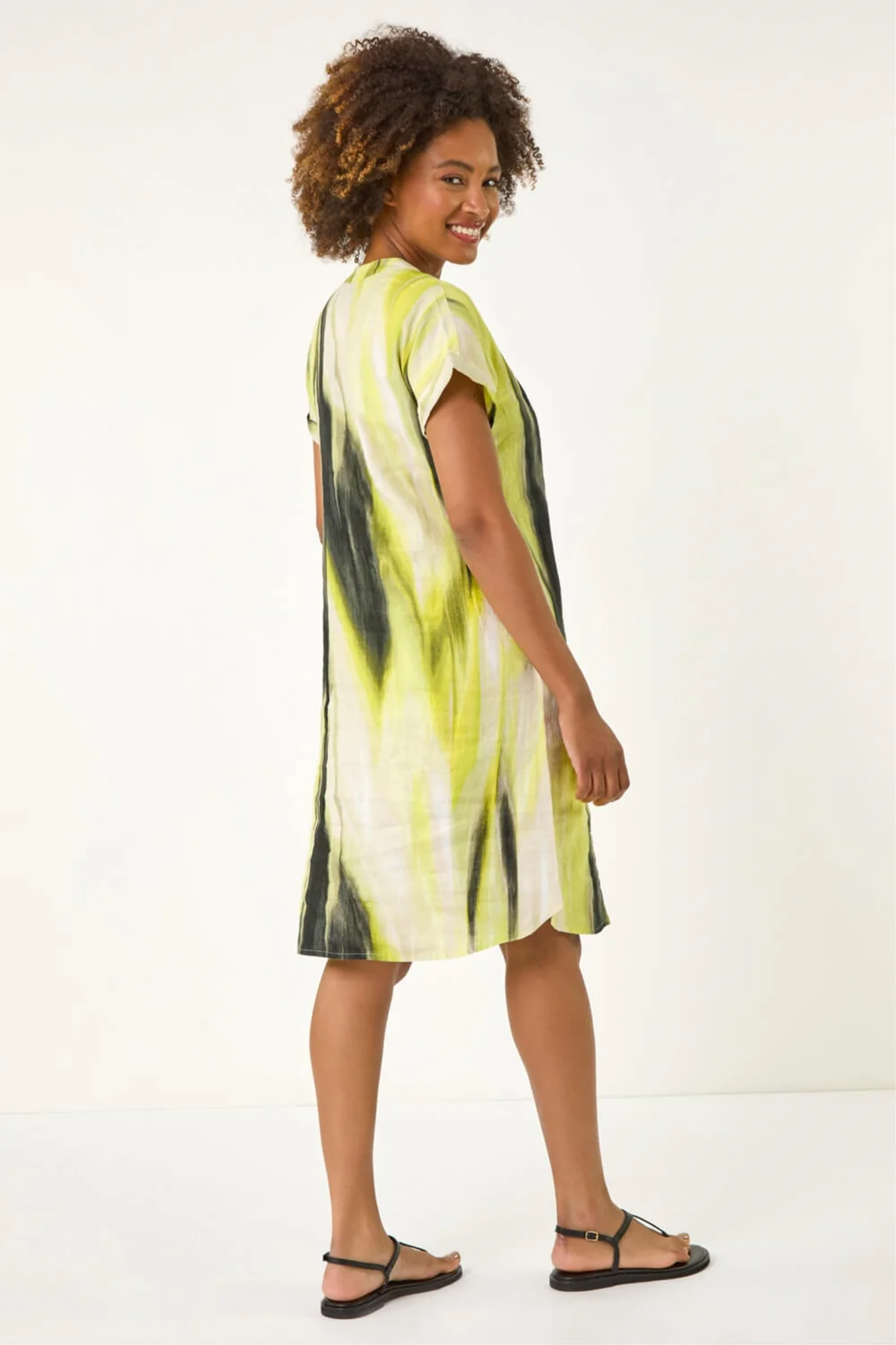 Roman Yellow Abstract Printed Linen Shift Dress - 10 Image 3