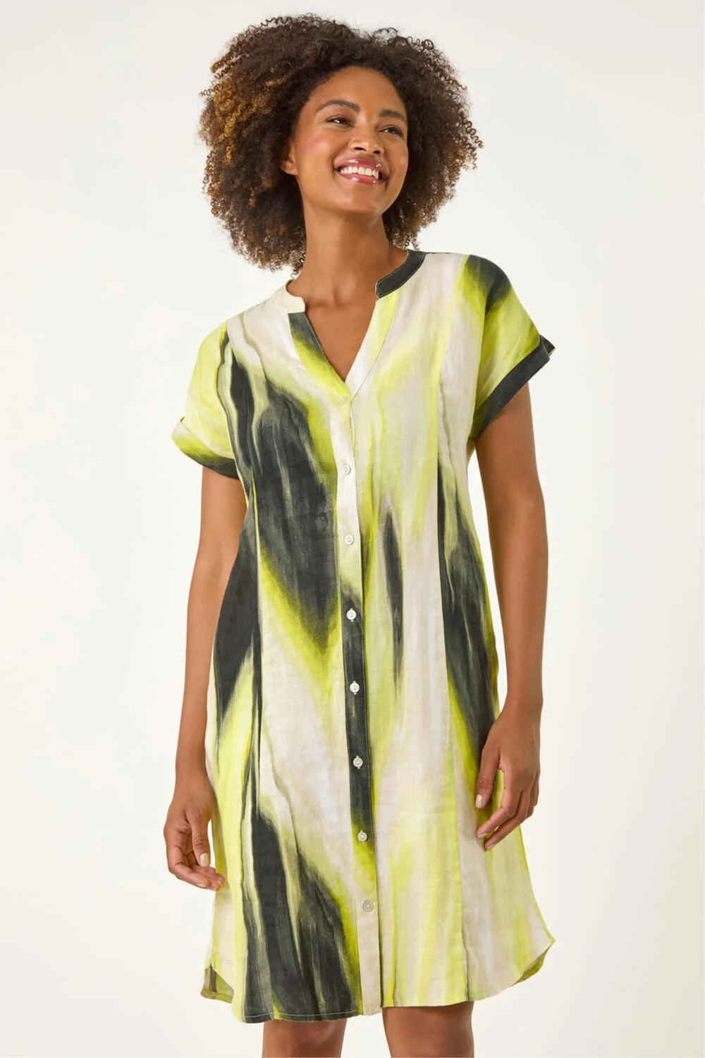 Roman Yellow Abstract Printed Linen Shift Dress - 10 Image 2