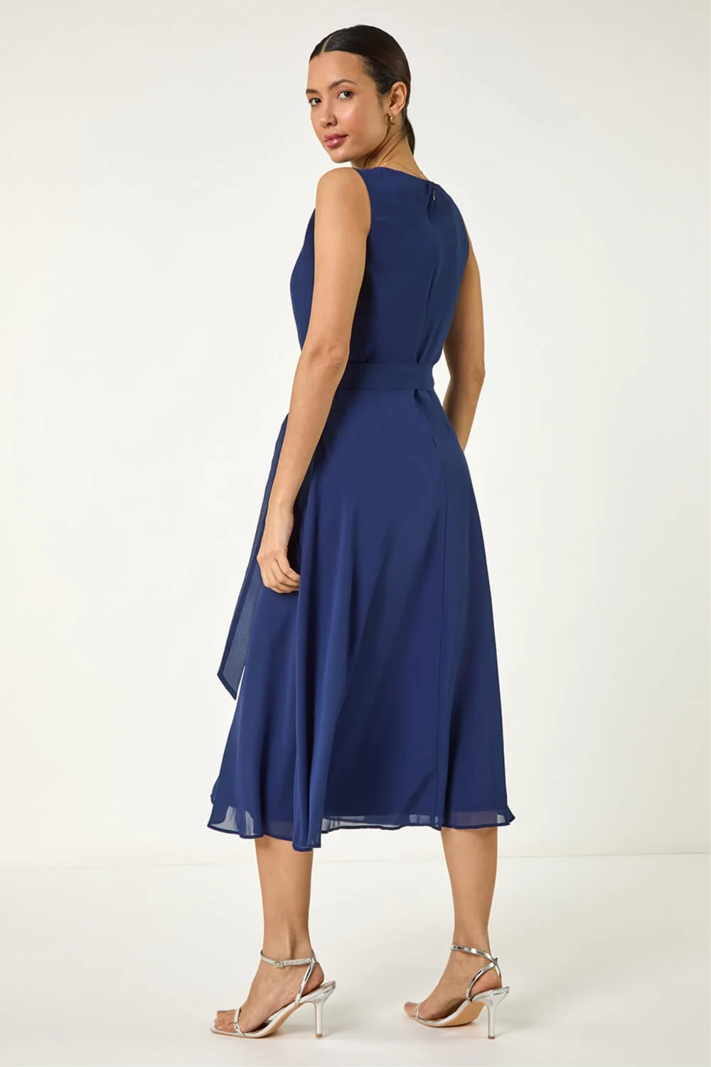 Roman Navy Chiffon Pleated Neck Midi Dress - 20 Image 3