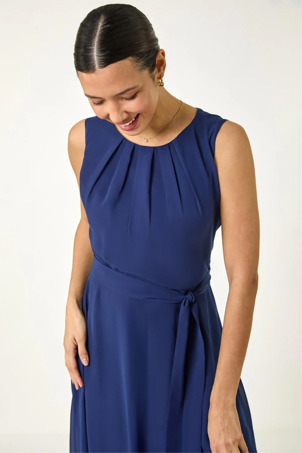 Roman Navy Chiffon Pleated Neck Midi Dress - 20 Image 4