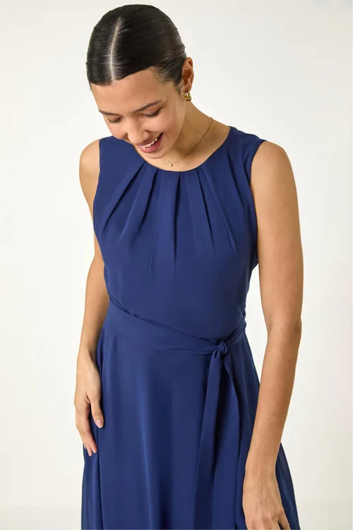 Roman Navy Chiffon Pleated Neck Midi Dress - 20 Image 4
