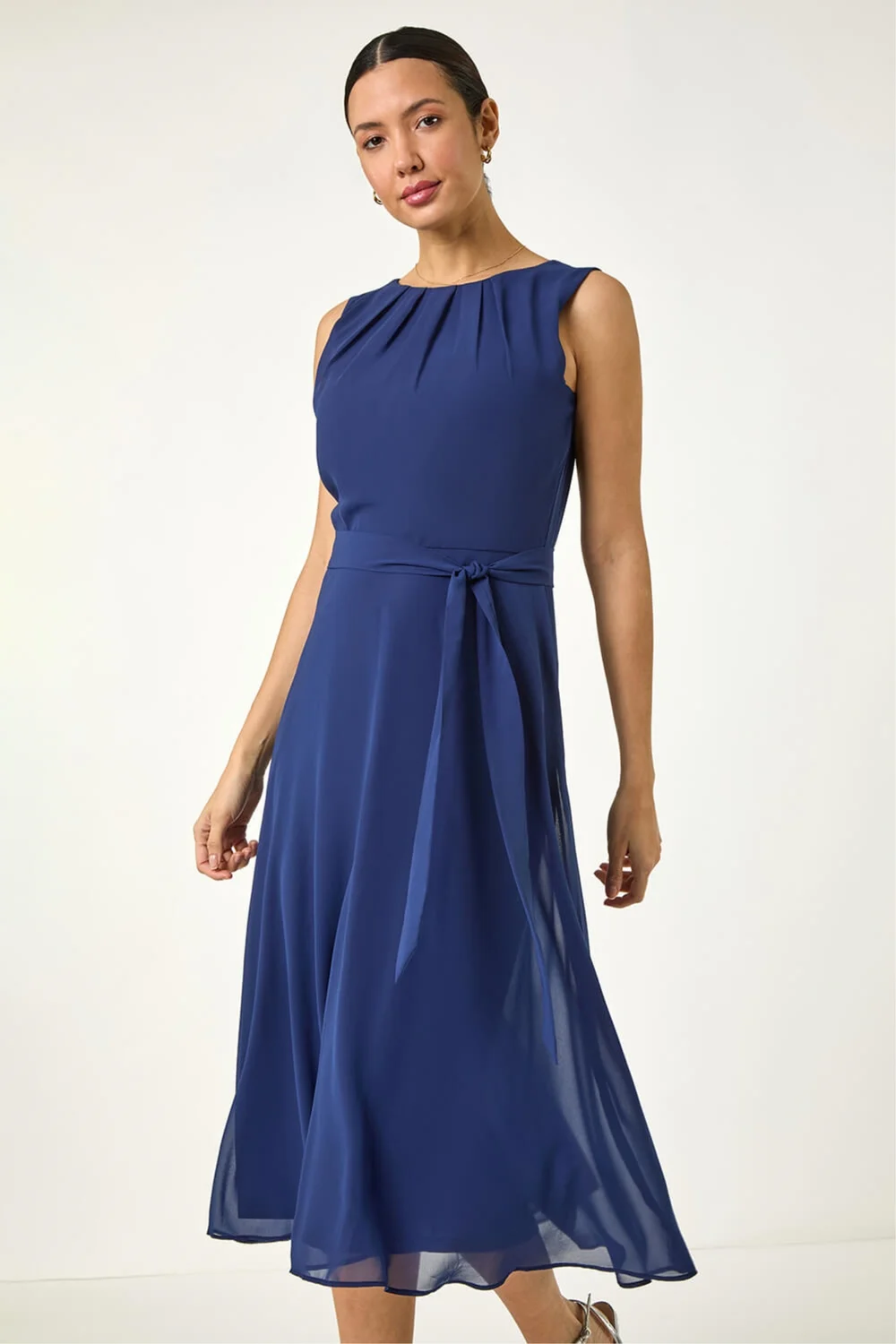 Roman Navy Chiffon Pleated Neck Midi Dress - 20 Image 1