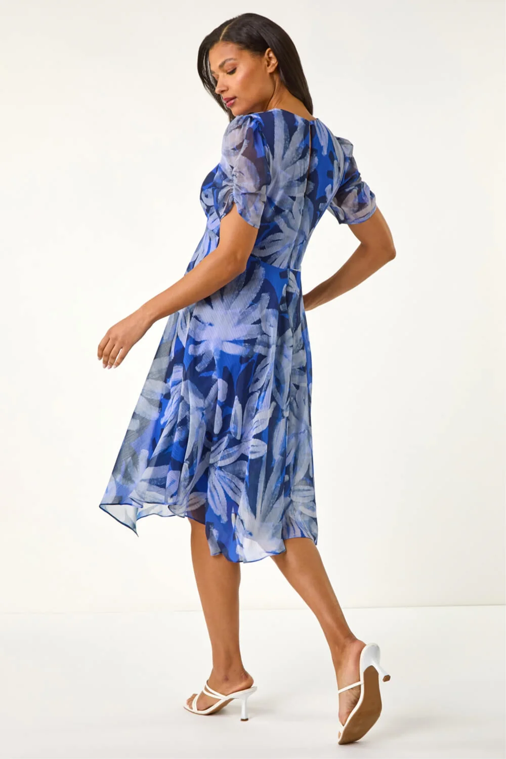 Roman Blue Abstract Floral Print Hanky Hem Dress - 20 Image 3
