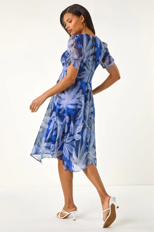 Roman Blue Abstract Floral Print Hanky Hem Dress - 20 Image 3