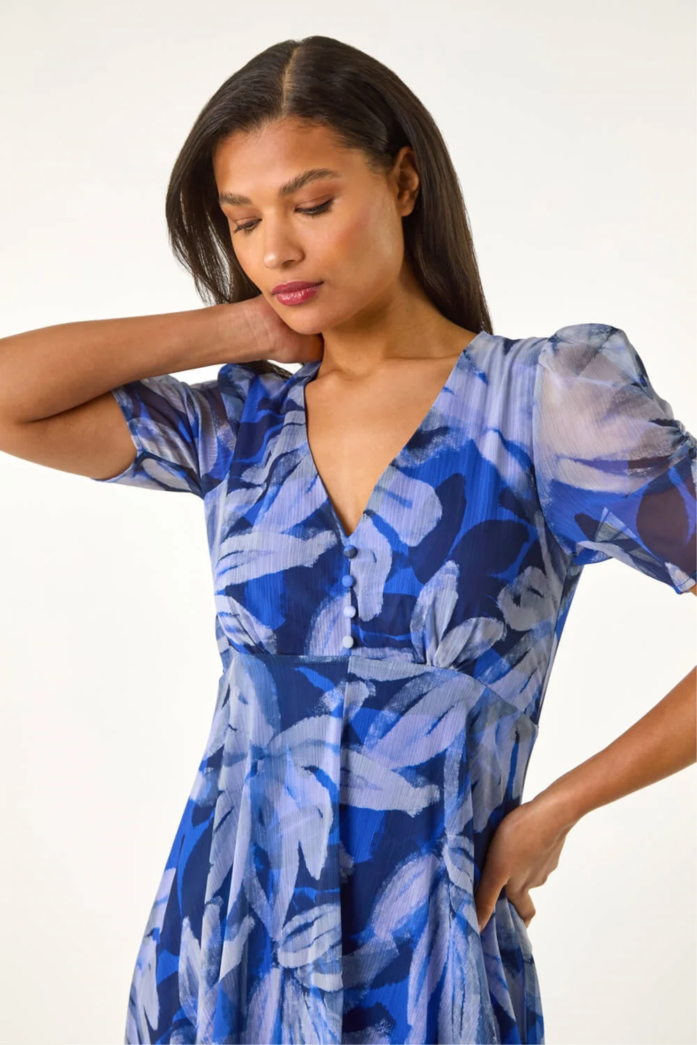 Roman Blue Abstract Floral Print Hanky Hem Dress - 20 Image 4