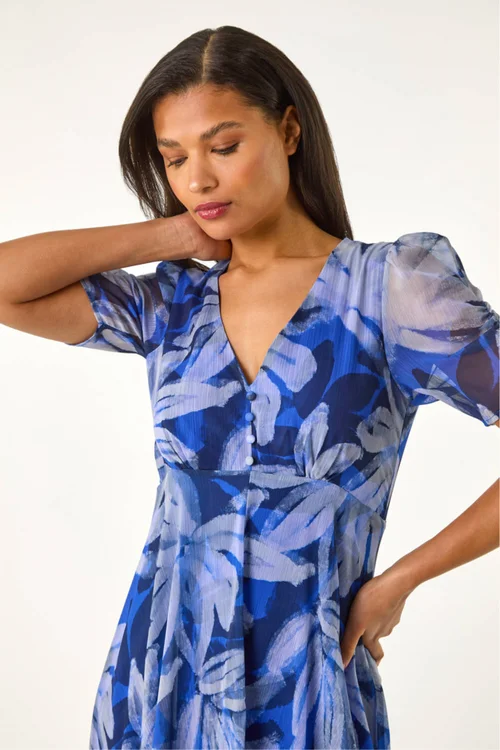 Roman Blue Abstract Floral Print Hanky Hem Dress - 20 Image 4