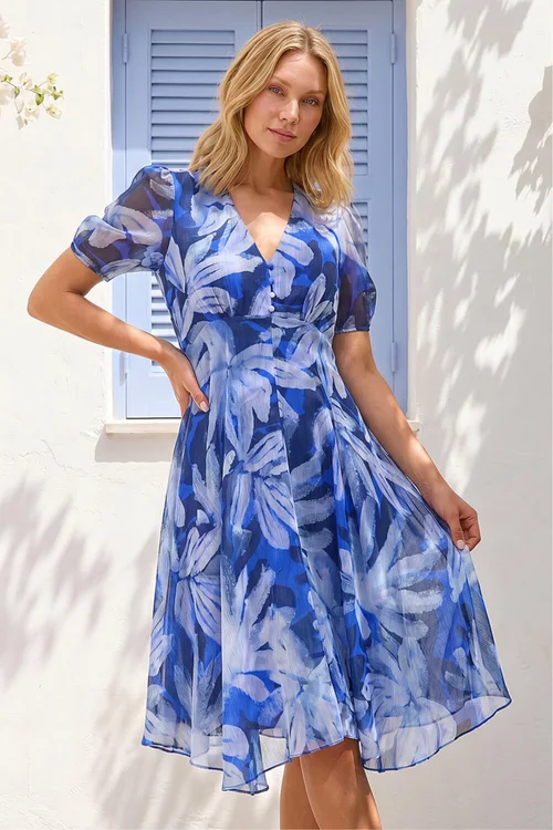 Roman Blue Abstract Floral Print Hanky Hem Dress - 20 Image 1