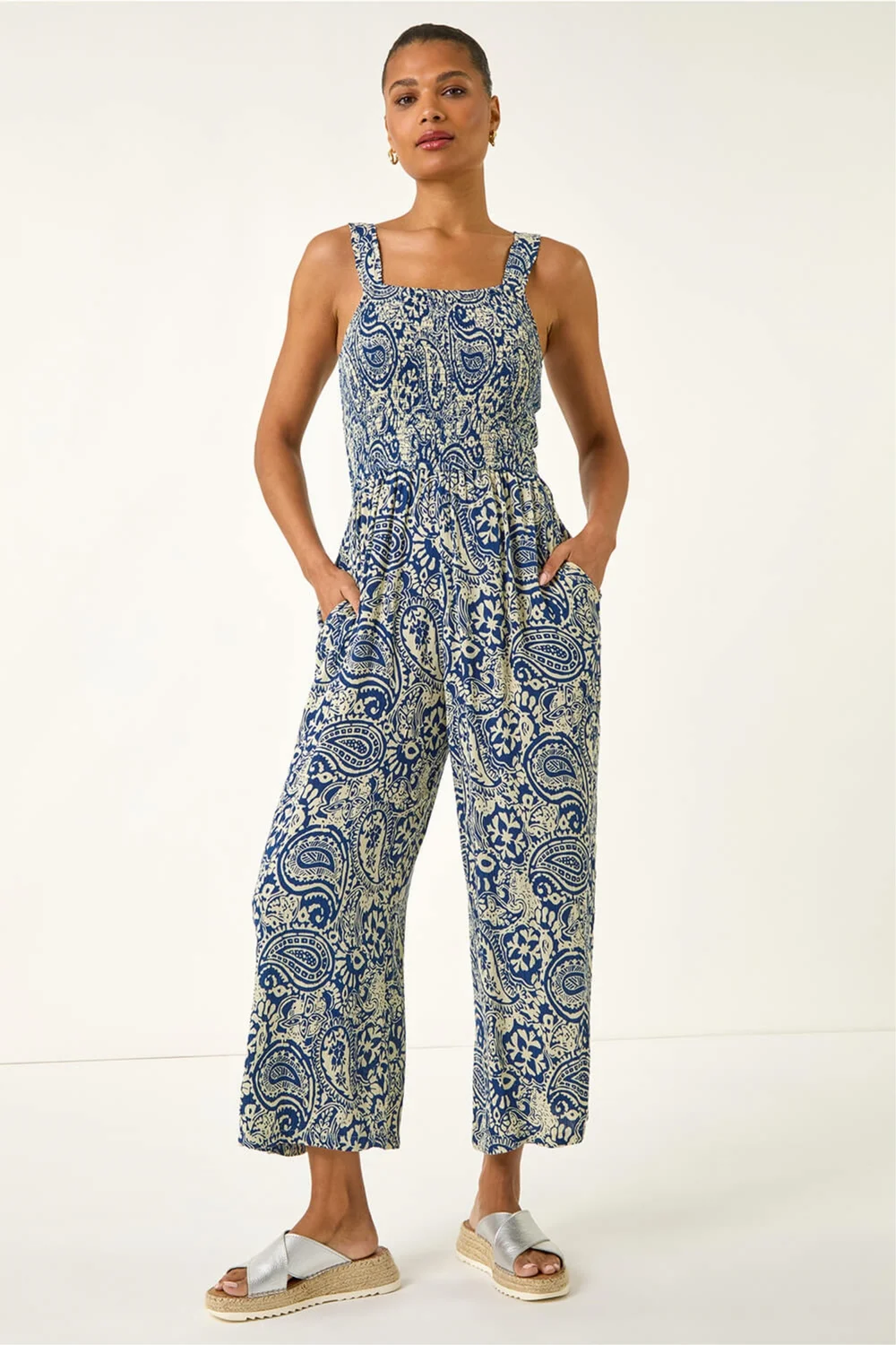 Roman Navy Paisley Print Cropped Jumpsuit - 12 Image 2