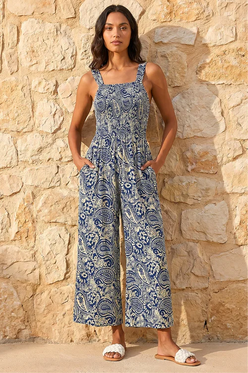 Roman Navy Paisley Print Cropped Jumpsuit - 20 Image 3