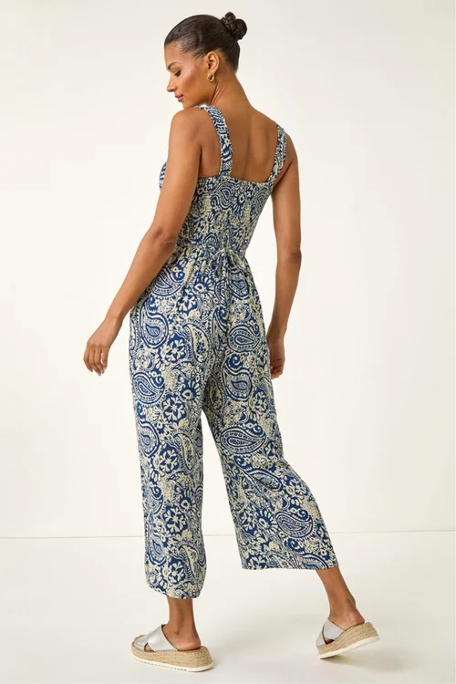 Roman Navy Paisley Print Cropped Jumpsuit - 12 Image 3