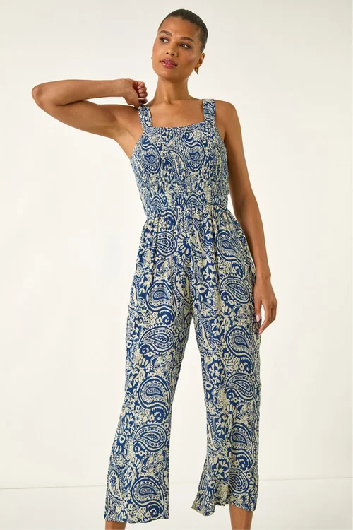 Roman Navy Paisley Print Cropped Jumpsuit - 12 Image 4