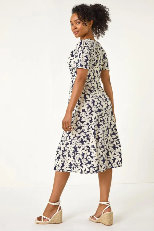 Roman Navy Petite Floral Ruched Stretch Midi Dress - 18 Image 3
