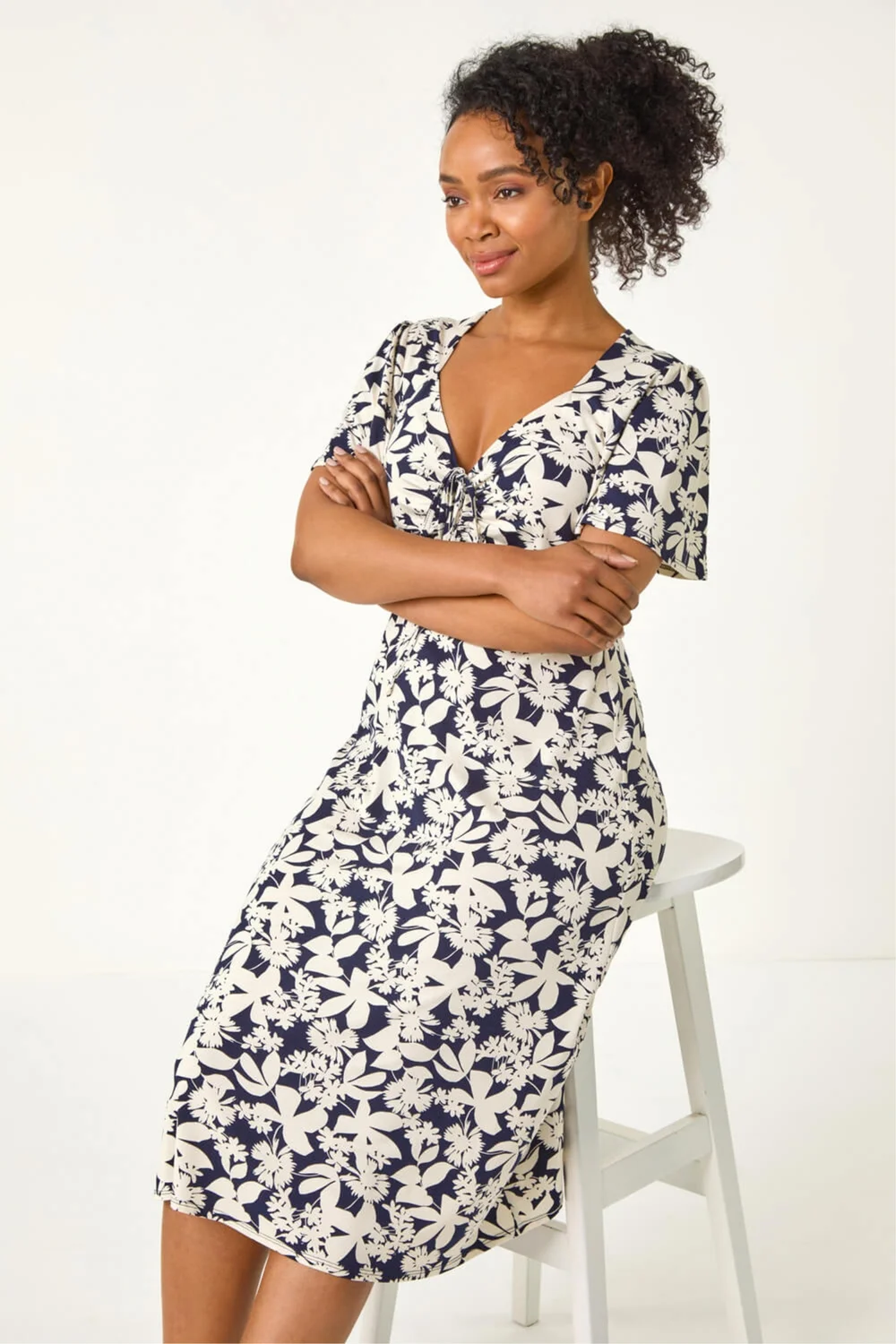 Roman Navy Petite Floral Ruched Stretch Midi Dress - 18 Image 1