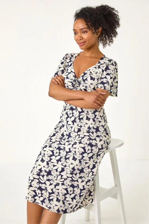 Roman Navy Petite Floral Ruched Stretch Midi Dress - 18 Image 1
