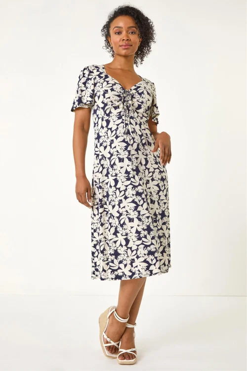 Roman Navy Petite Floral Ruched Stretch Midi Dress - 18 Image 2