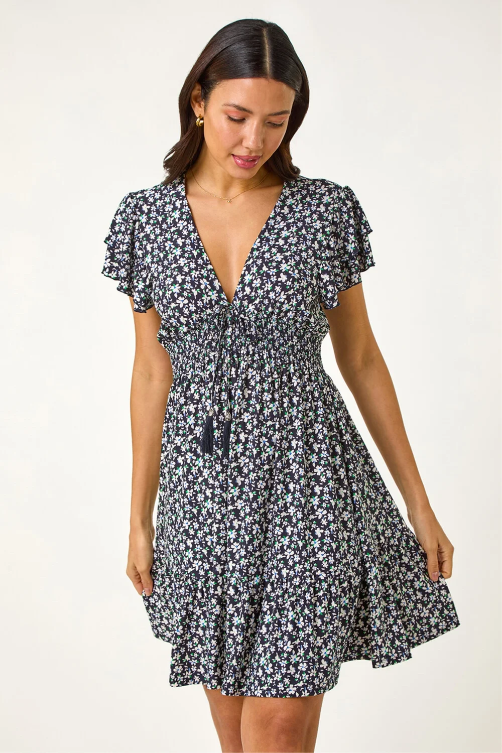 Roman Navy Ditsy Frill Stretch Dress - 20 Image 4