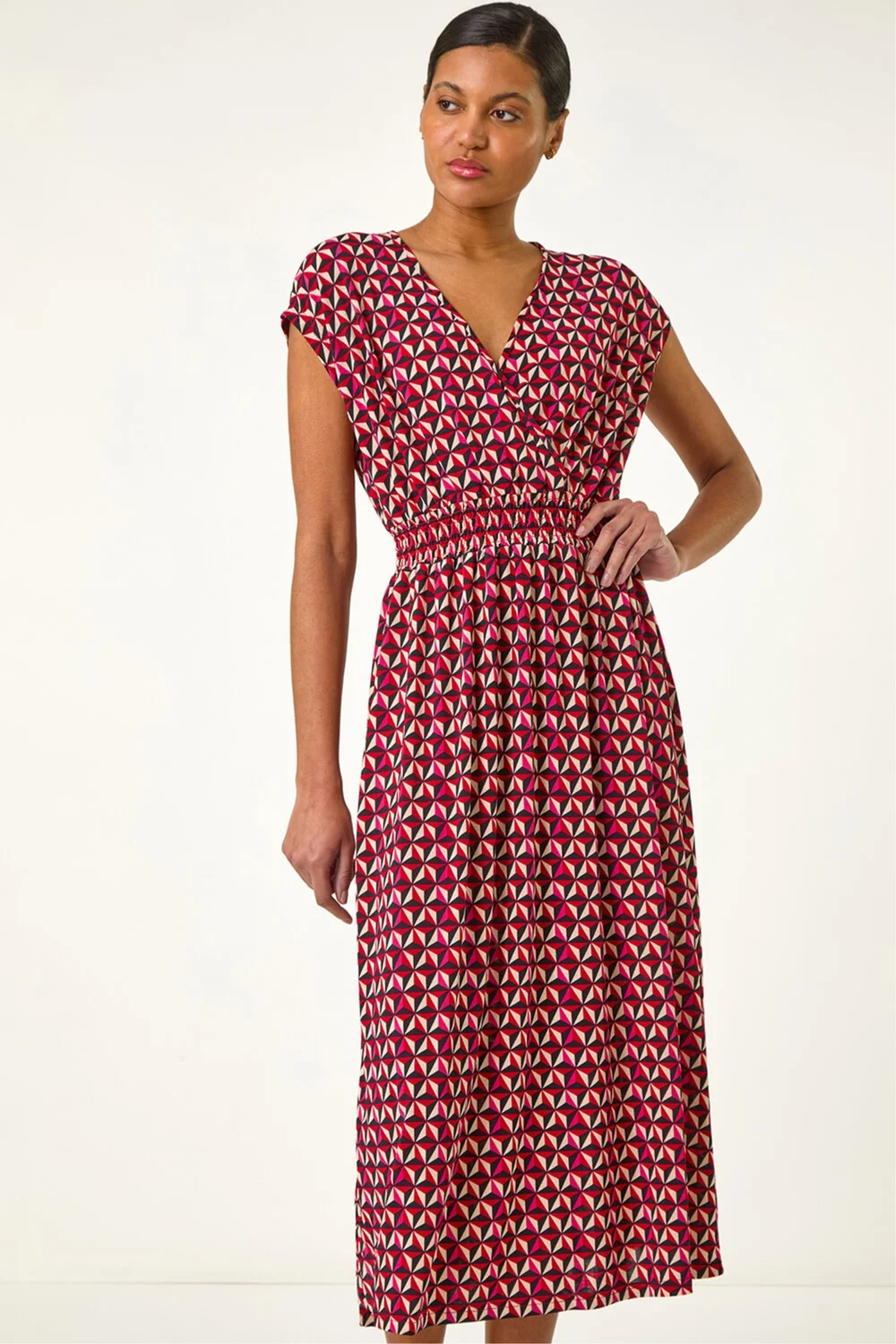 Roman Red Geo Print V-Neck Stretch Midi Dress - 10 Image 1