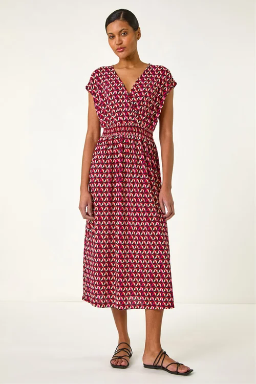 Roman Red Geo Print V-Neck Stretch Midi Dress - 10 Image 2