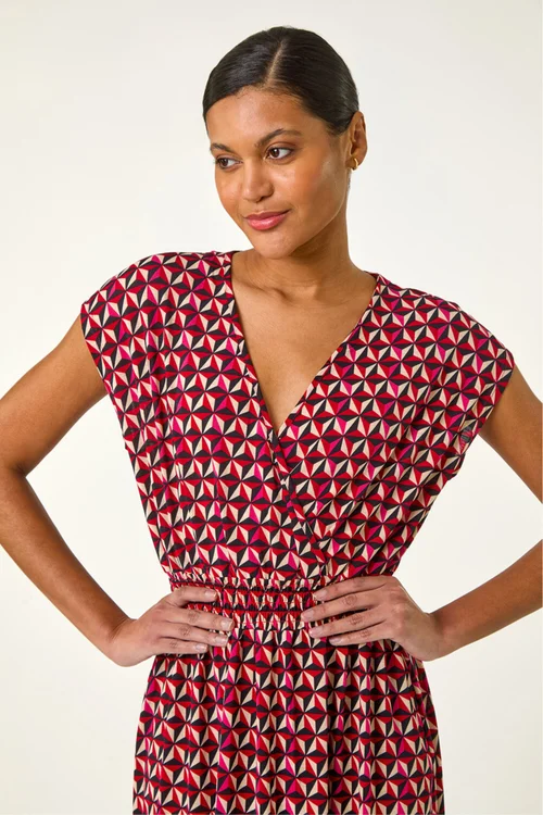Roman Red Geo Print V-Neck Stretch Midi Dress - 10 Image 4