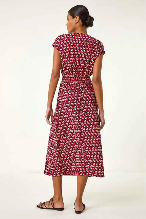 Roman Red Geo Print V-Neck Stretch Midi Dress - 10 Image 3