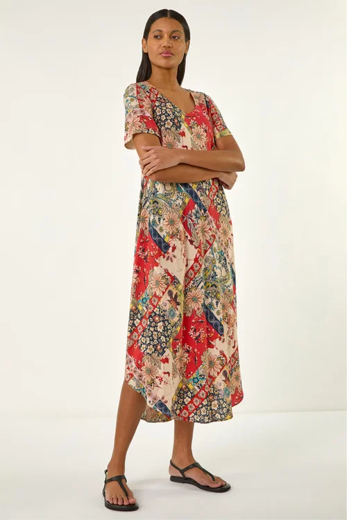 Roman Red Patchwork Print Curved Hem Midi Dress - 10 Image 2