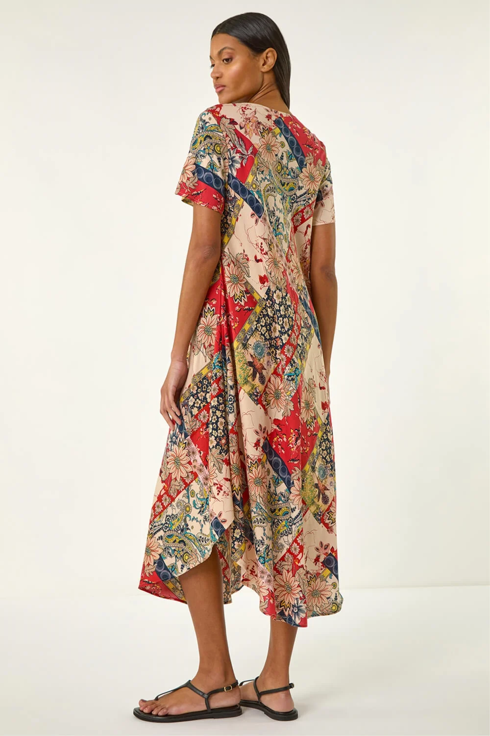 Roman Red Patchwork Print Curved Hem Midi Dress - 10 Image 3