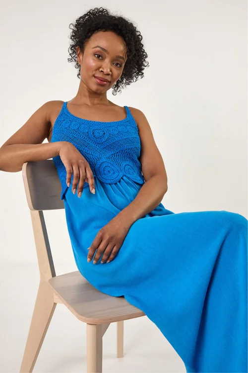 Roman Blue Petite Crochet Contrast Midi Dress - 16 Image 1