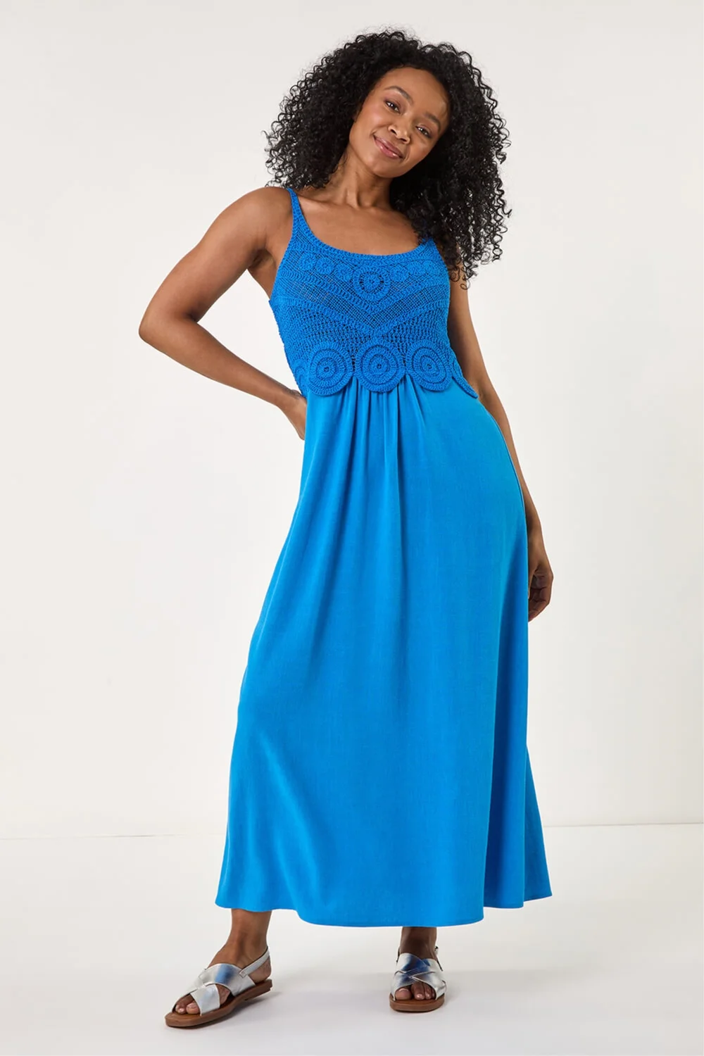 Roman Blue Petite Crochet Contrast Midi Dress - 16 Image 2