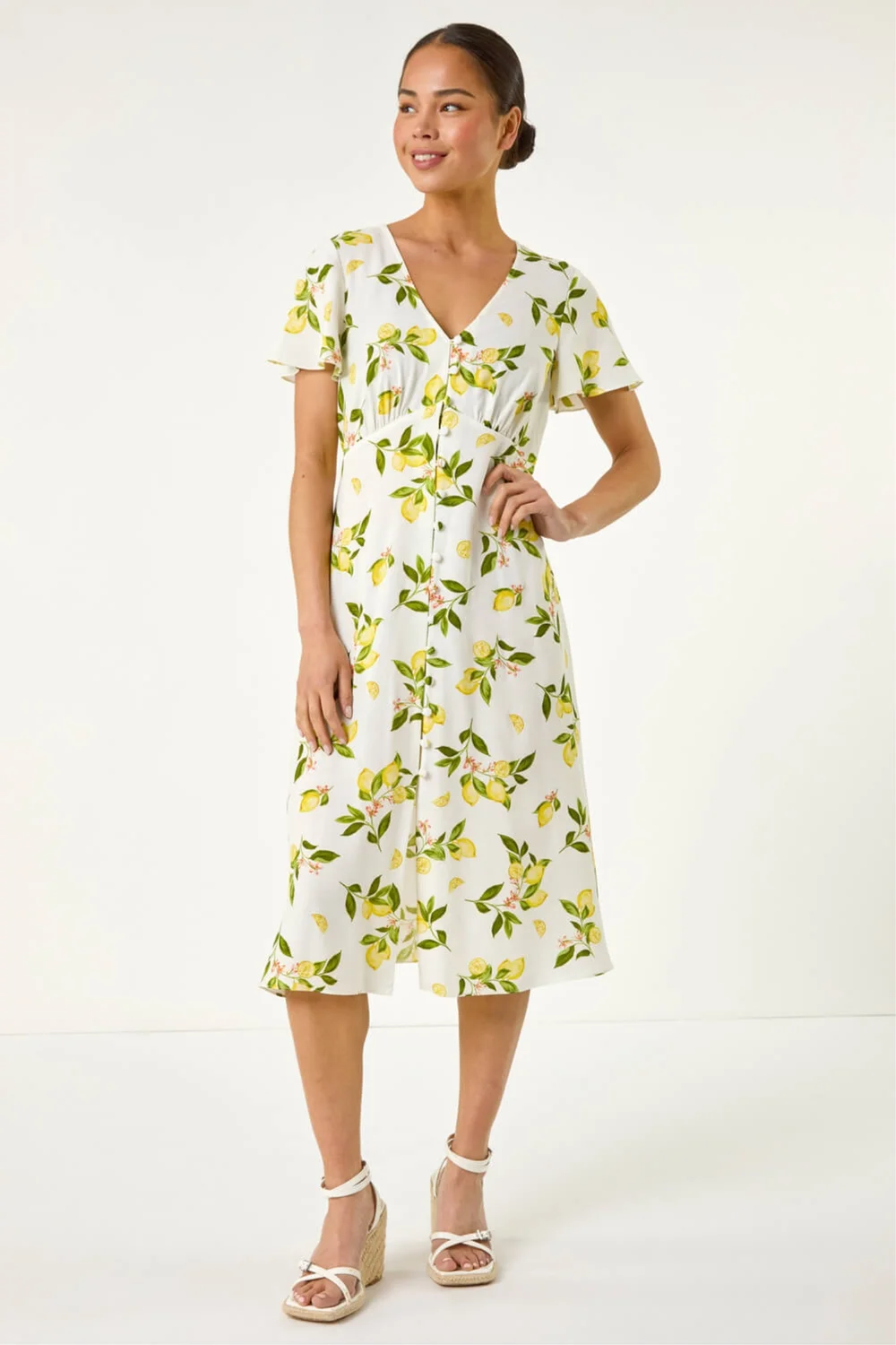Roman Ivory Petite Lemon Print Button Tea Dress - 16 Image 2