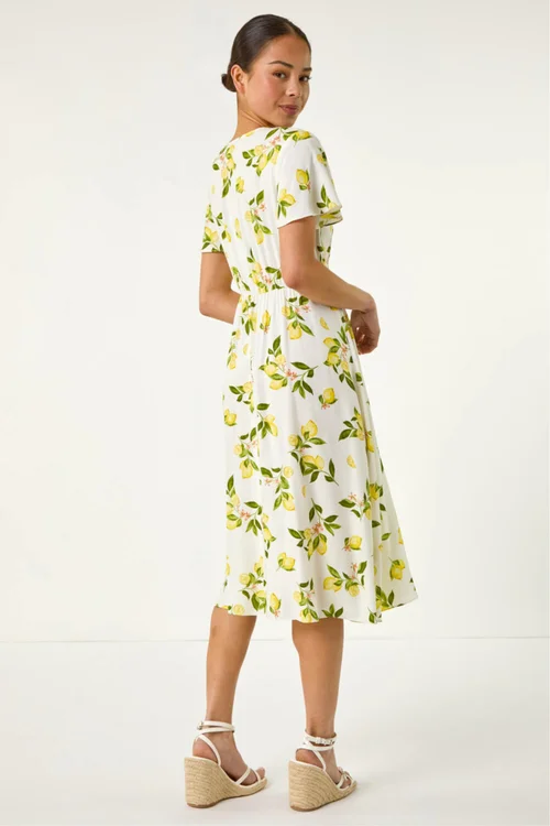 Roman Ivory Petite Lemon Print Button Tea Dress - 16 Image 3