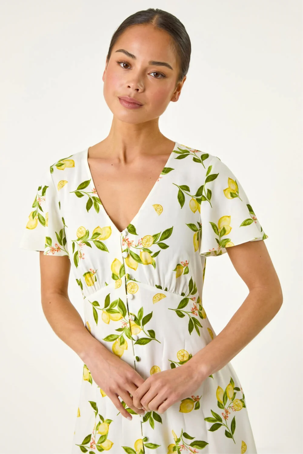 Roman Ivory Petite Lemon Print Button Tea Dress - 16 Image 4