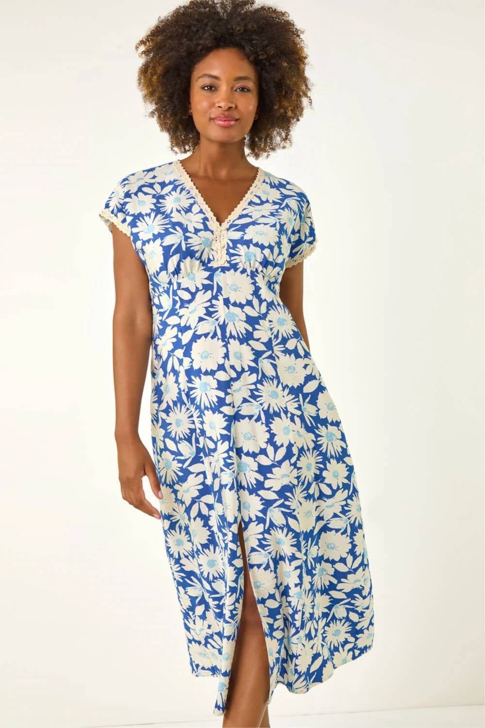 Roman Blue Daisy Print Lace Trim Midi Dress - 20 Image 4