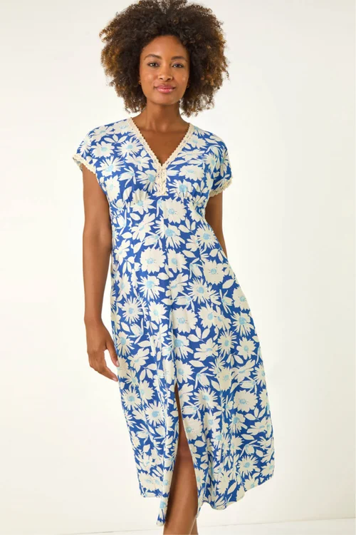 Roman Blue Daisy Print Lace Trim Midi Dress - 20 Image 4