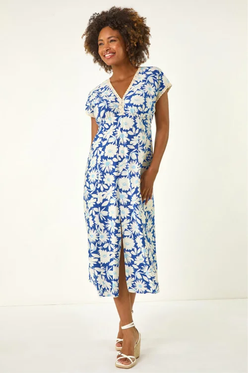 Roman Blue Daisy Print Lace Trim Midi Dress - 20 Image 2