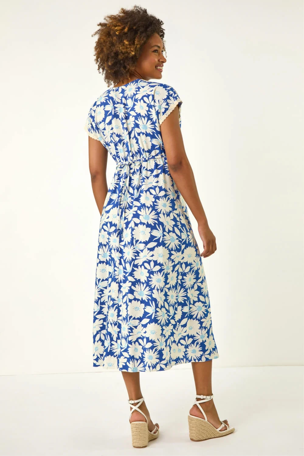 Roman Blue Daisy Print Lace Trim Midi Dress - 20 Image 3