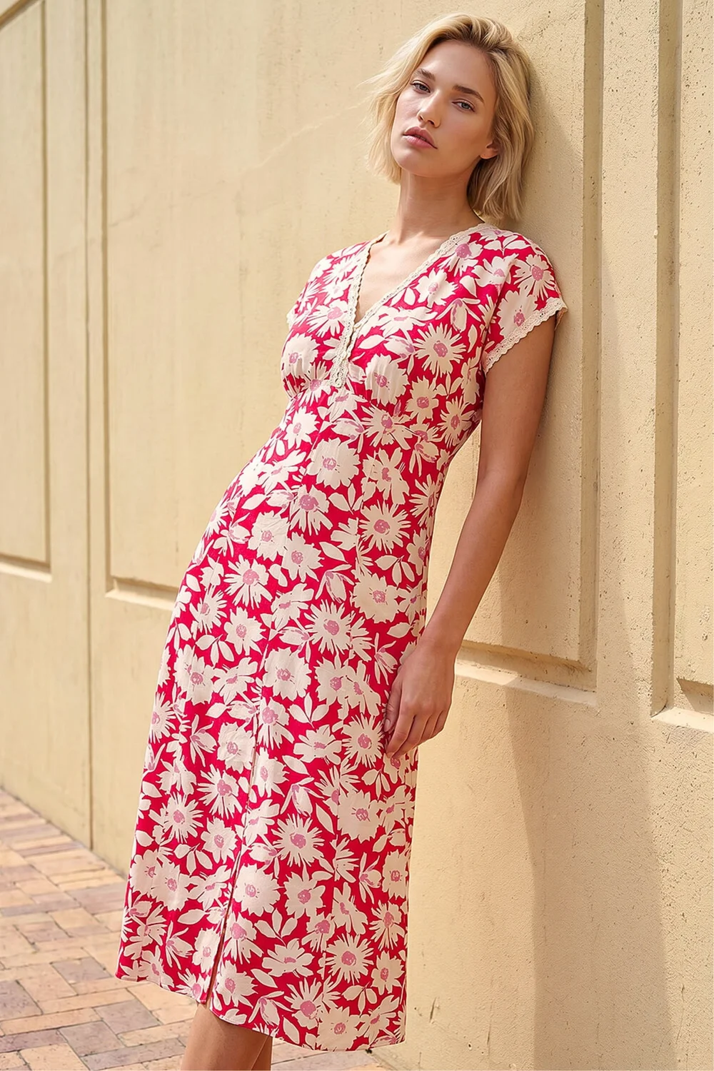 Roman Red Daisy Print Lace Trim Midi Dress - 10 Image 1