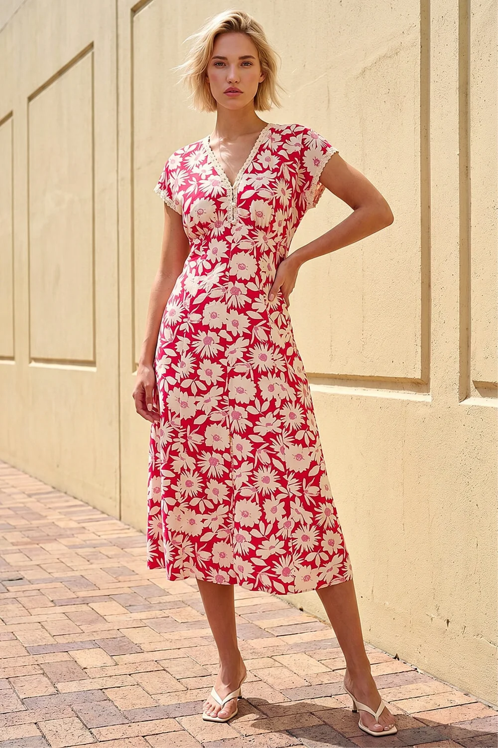 Roman Red Daisy Print Lace Trim Midi Dress - 10 Image 3