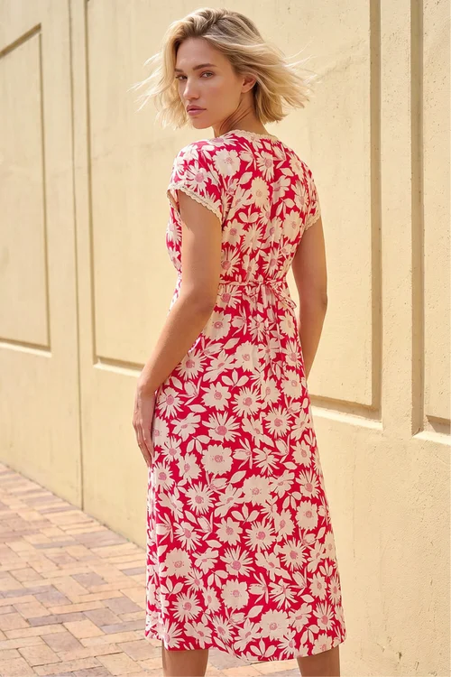 Roman Red Daisy Print Lace Trim Midi Dress - 10 Image 2