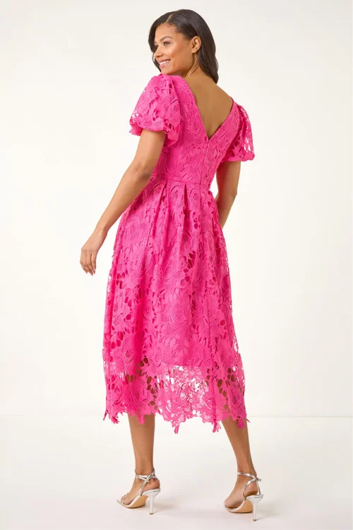Roman Pink Crochet Lace V-Neck Midi Dress - 10 Image 3