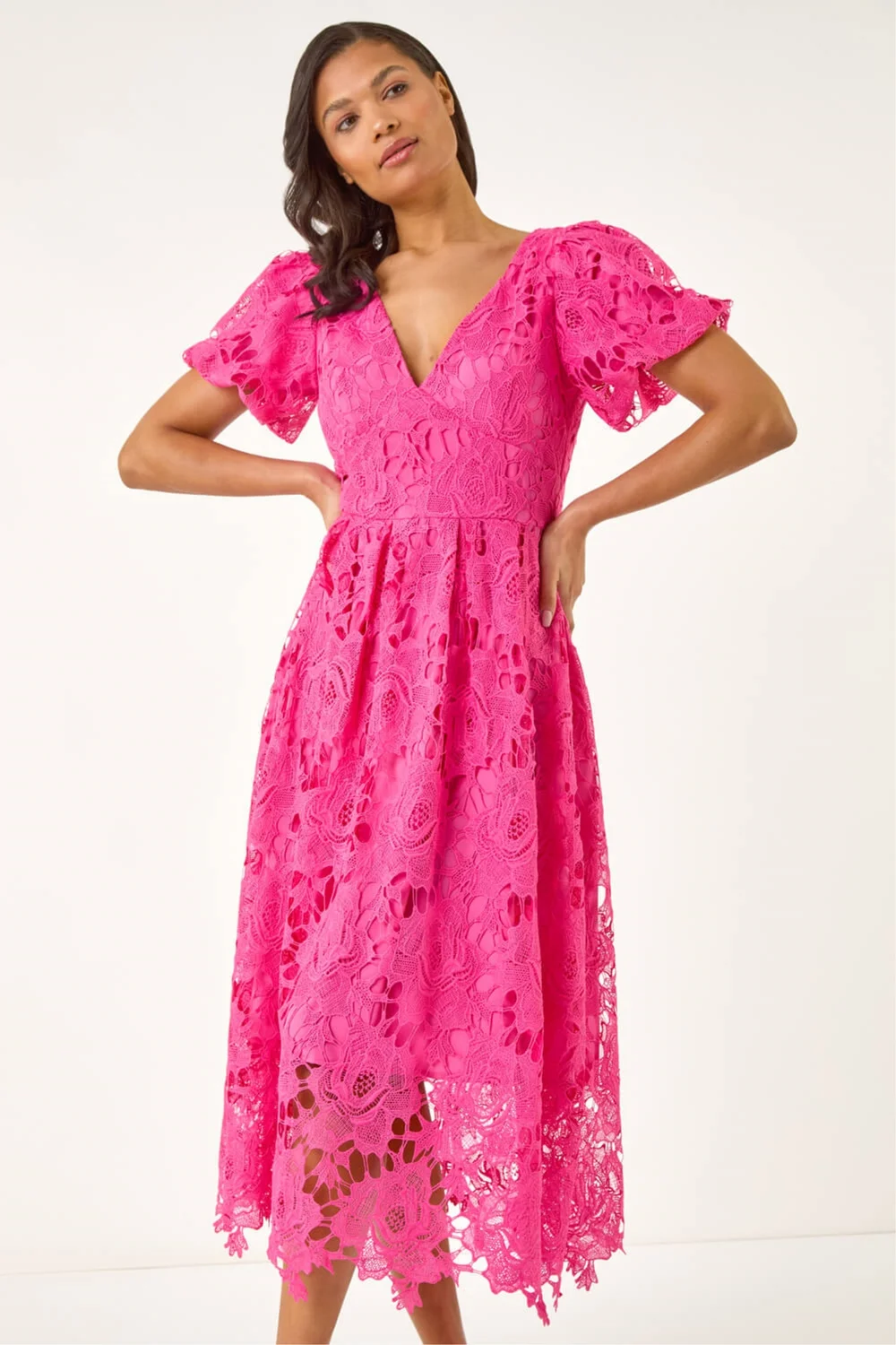 Roman Pink Crochet Lace V-Neck Midi Dress - 10 Image 4