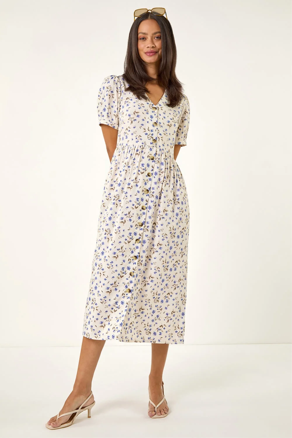 Dusk Ivory Ditsy Floral Buttoned Midi Dress - 10 Image 2
