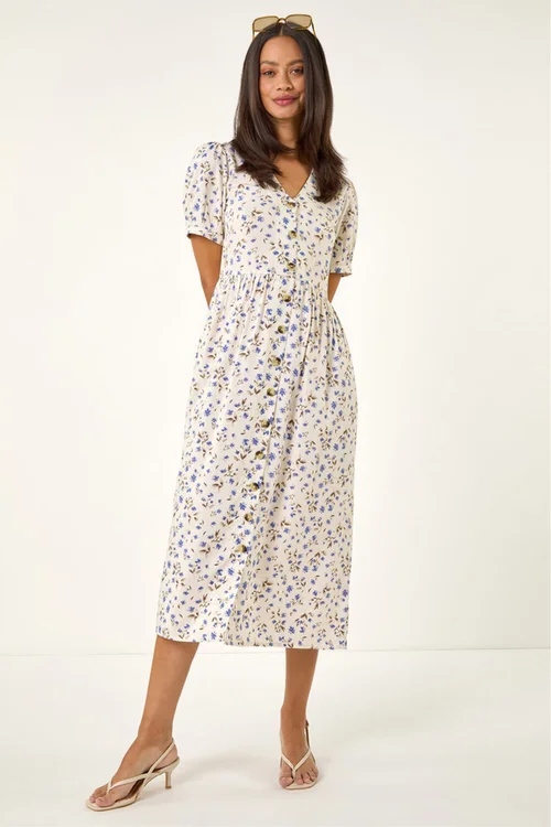 Dusk Ivory Ditsy Floral Buttoned Midi Dress - 10 Image 2