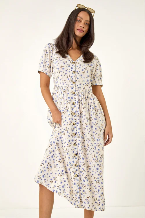 Dusk Ivory Ditsy Floral Buttoned Midi Dress - 10 Image 4