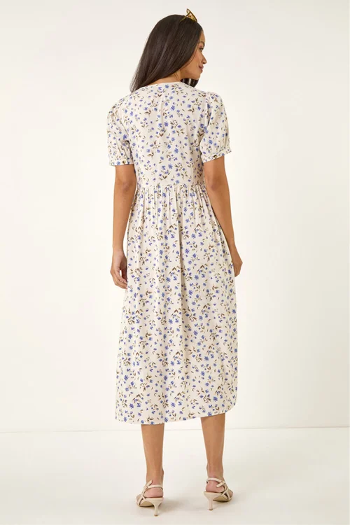 Dusk Ivory Ditsy Floral Buttoned Midi Dress - 10 Image 3
