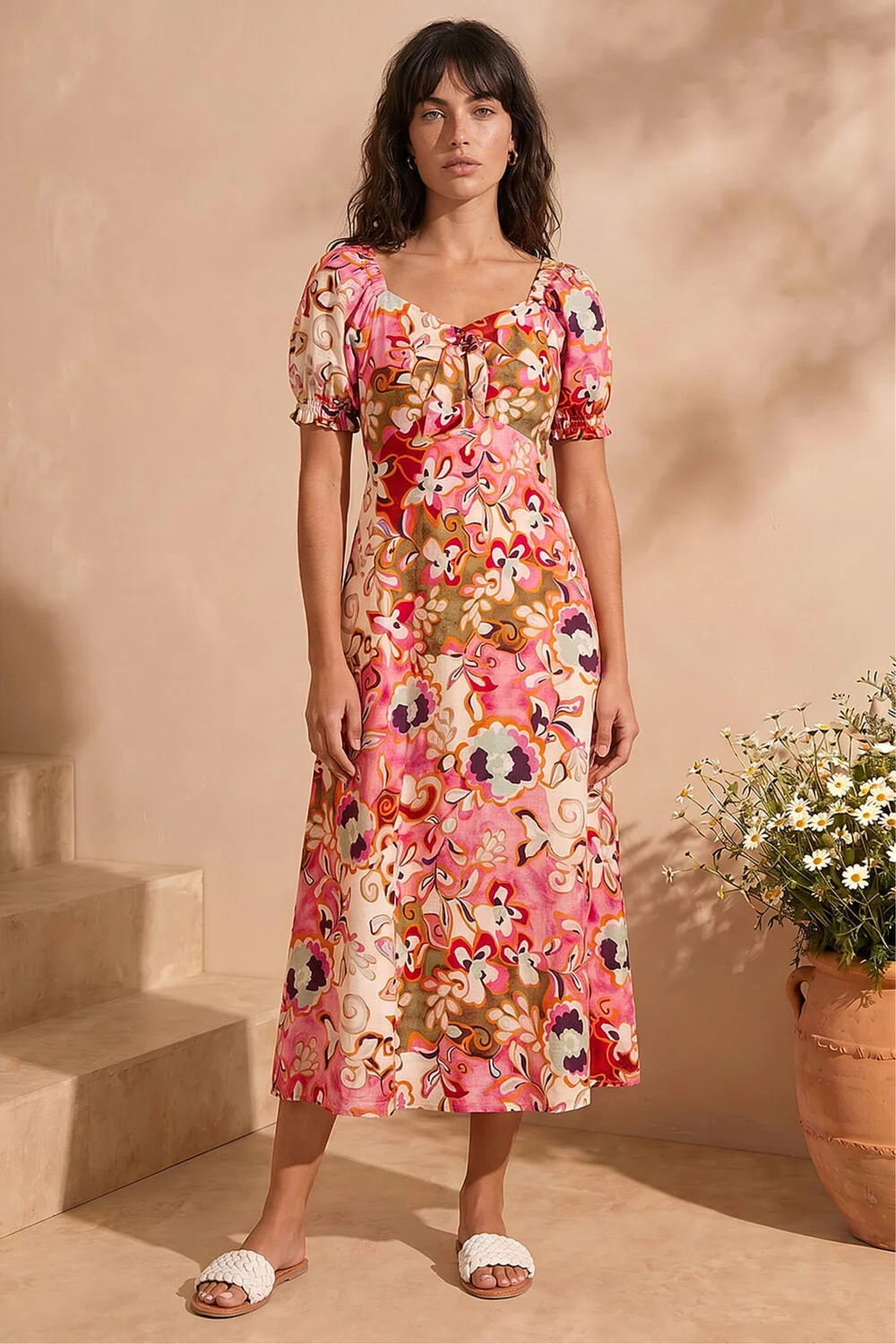 Roman Pink Floral Print Tie Front Midi Dress - 16 Image 2