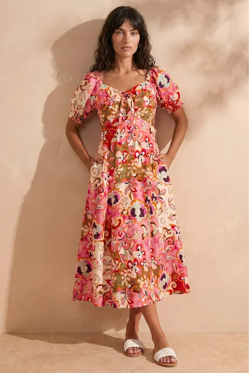 Roman Pink Floral Print Tie Front Midi Dress - 16 Image 1