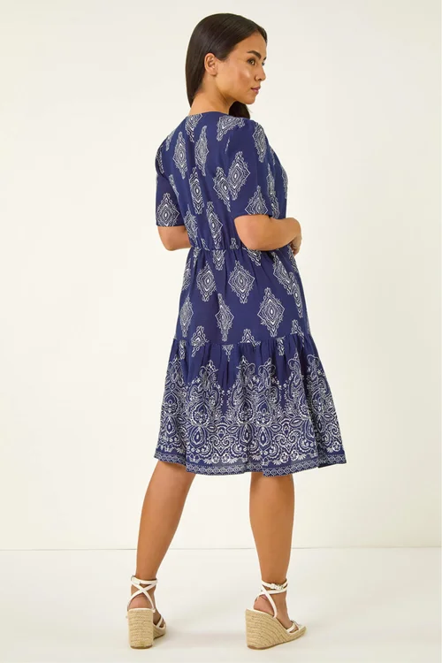 Roman Navy Petite Border Print Tiered Dress - 18 Image 3
