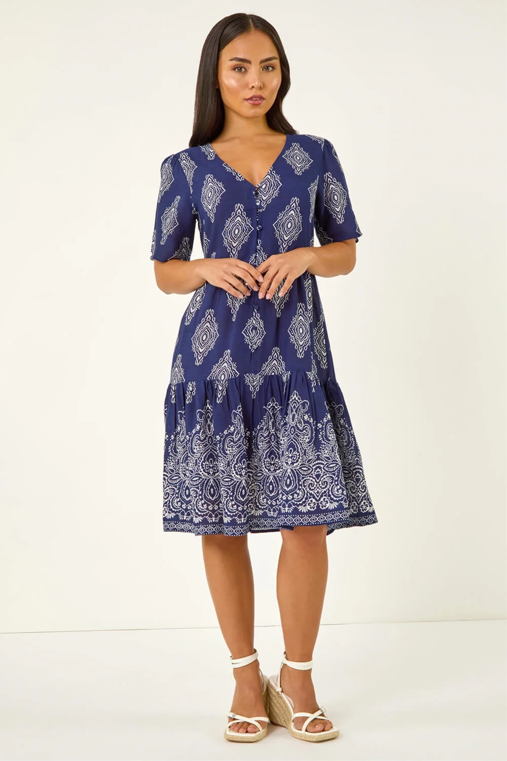 Roman Navy Petite Border Print Tiered Dress - 18 Image 2